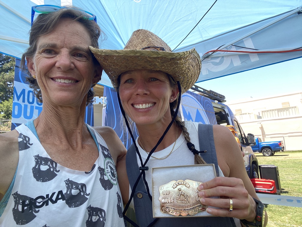 Meghan and Heidi with Heidi's Western States finisher's buckle
